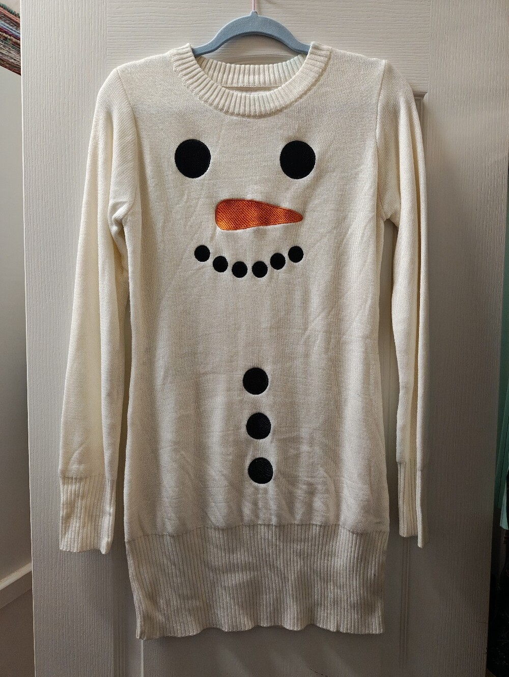 Tipsy Elves Cream Snowman Sweater Dress with Orange Carrot Nose